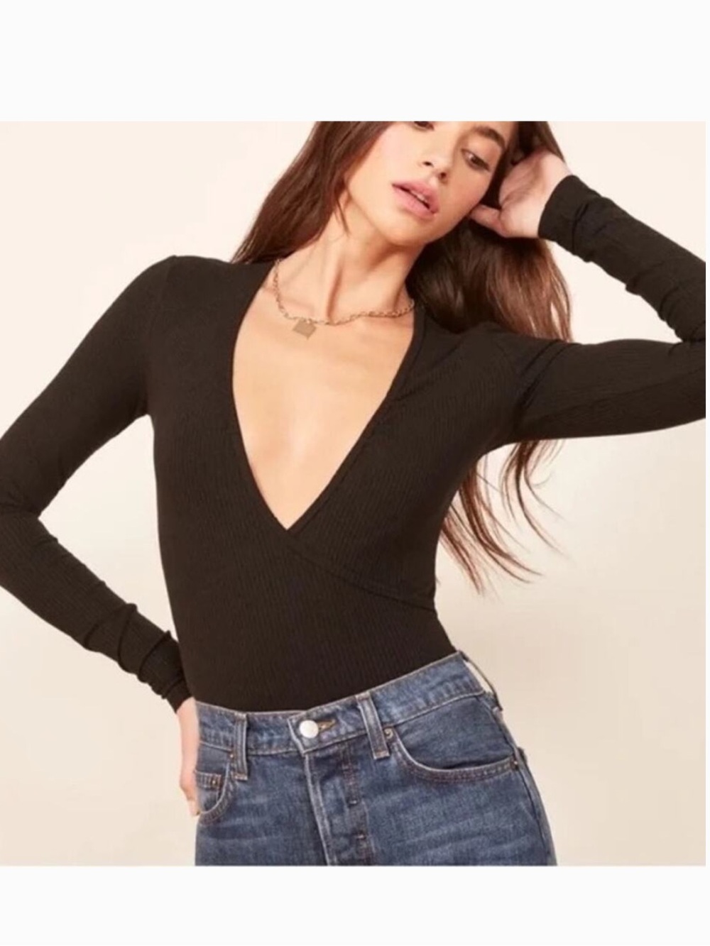 Reformation Becky Black Ribbed Long Sleeve Bodysuit